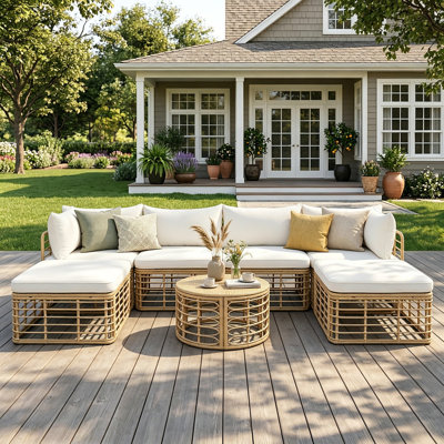 Ensemble de canapé d'extérieur modulaire 7 pièces en rotin, avec coussins et oreillers extra épais, pour jardin, terrasse, véranda, beige