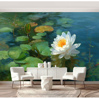 Peel and Stick Wallpaper Flower Lily Soft Oil Green White White Lotus Flower Large Green Leaves Wall Murals 69"H x 96"W Removable PVC Wall Paper Self-Adhesive Wall Decor for Bedroom Living Room Home Office