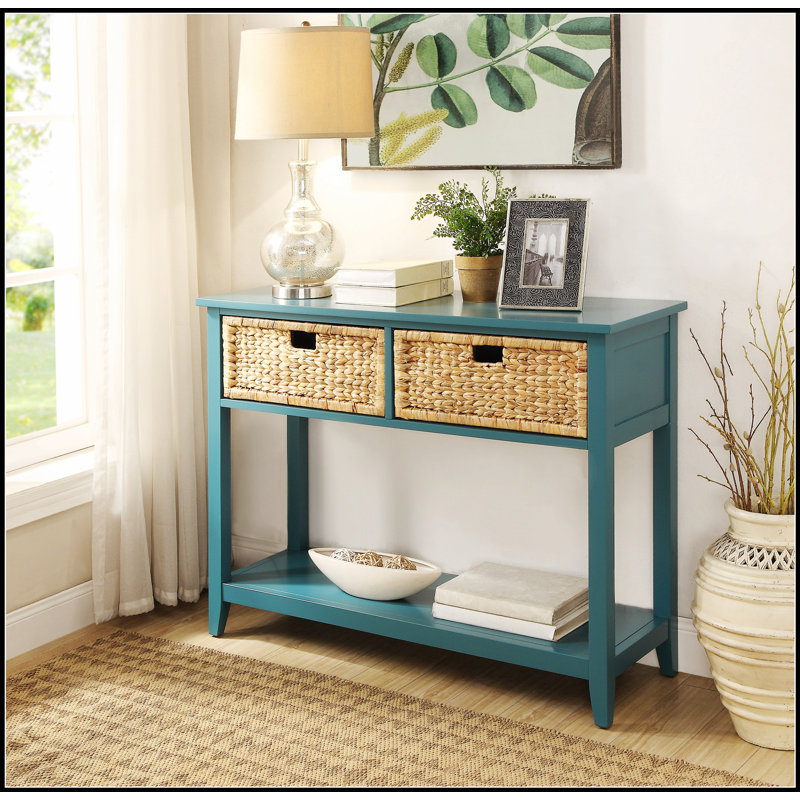 Console Flavius sarcelle avec tiroirs et tablettes spacieux pour un décor moderne et traditionnel