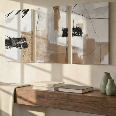 Ensemble de 3 œuvres d'art mixtes abstraites, neutre, tissé, grille, art mural, abstrait, grand paysage serein, toile décorative pour salon, chambre à coucher et bureau