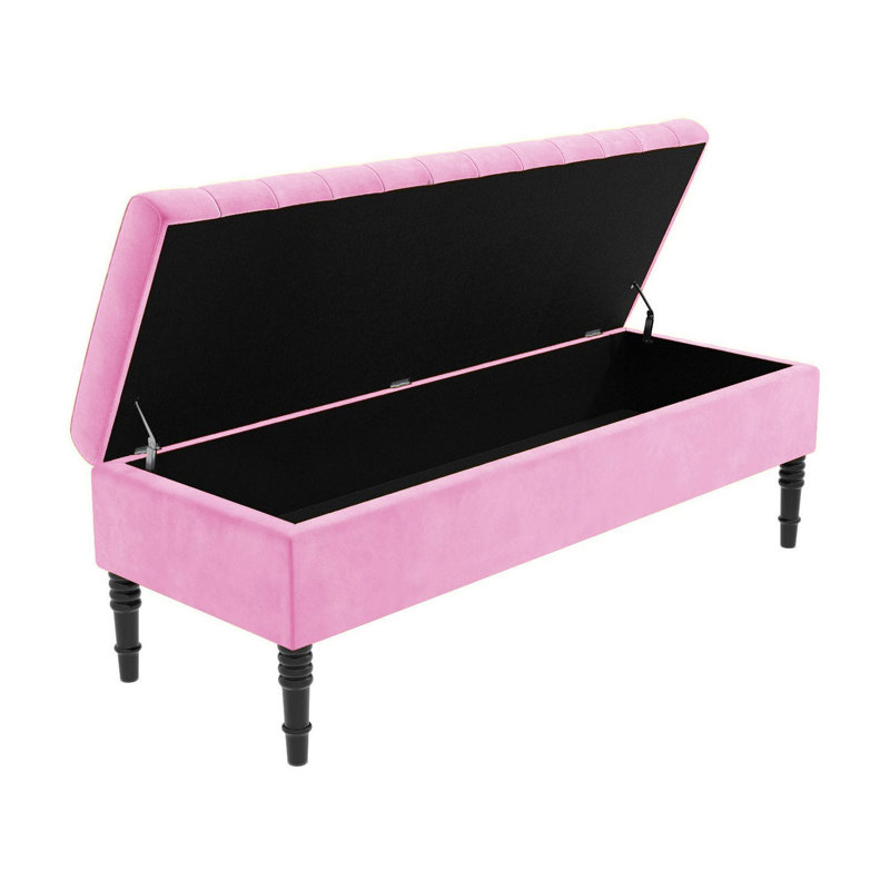 Safar Striped Ottoman Storage Bench – Upholstery Plush Velvet Shoe Bench with Black Turned Wooden Legs, Pink