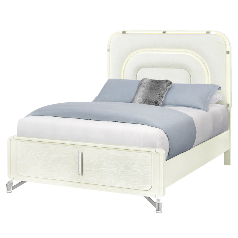 Grand lit à panneau beige avec tête de lit à DEL, design contemporain, pieds de conception géométrique, bords arrondis, matériau principal en bois d'hévéa, bois massif et rembourrage, revêtement idéal pour la chambre à coucher