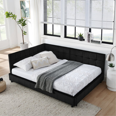 Cadre de lit double capitonné double, cadre de canapé-lit avec dossier confortable et accoudoirs, lit double pour chambre à coucher, salon, velours, noir (80,5 po x 59 po x 30,5 po)