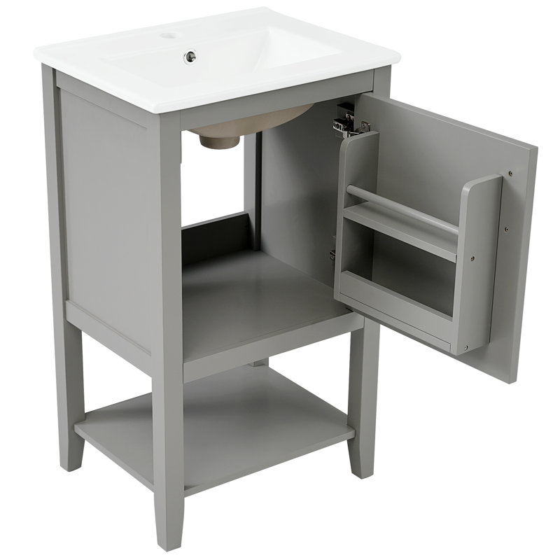 Meuble-lavabo de 20 po avec lavabo, armoire de salle de bain avec porte à fermeture douce, support de rangement et tablette ouverte, gris