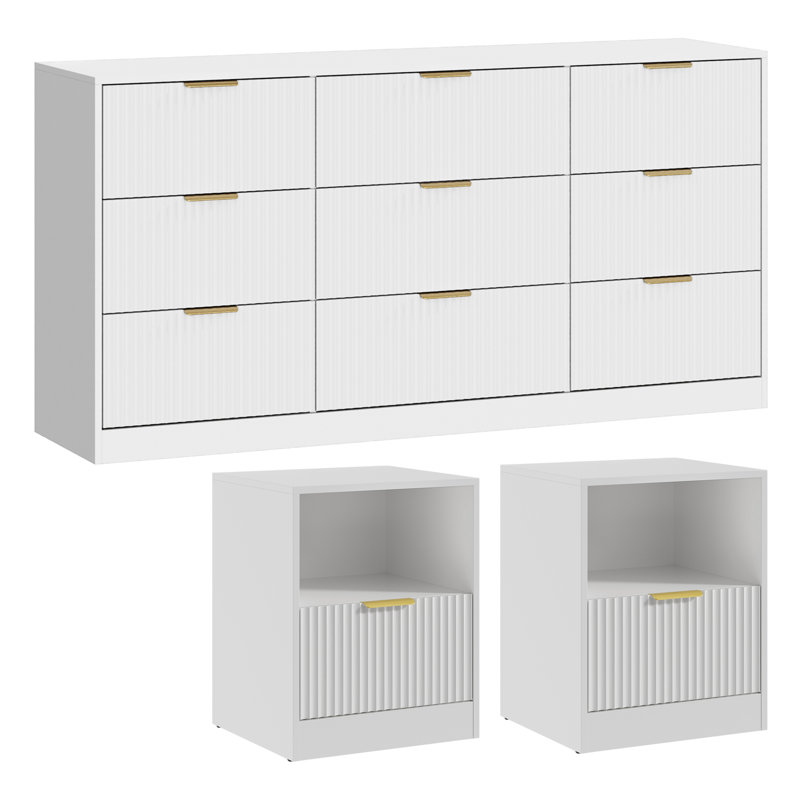 Ensemble 3 pièces commode 9 tiroirs et table de chevet 1 tiroir, Blanc