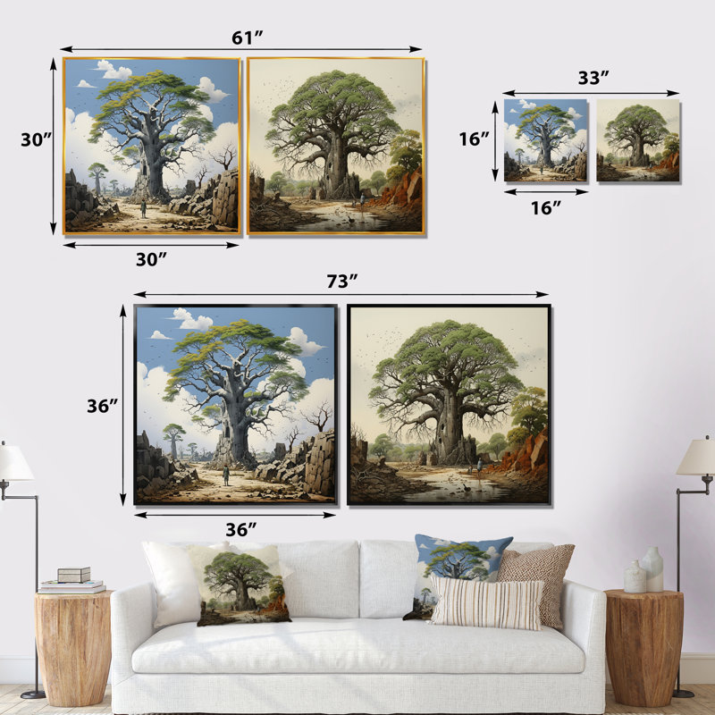 Baobab Tree Landscape - ensemble de 2 collages carrés Baobab, H 16 po x l 33 po, Cadre flottant brun