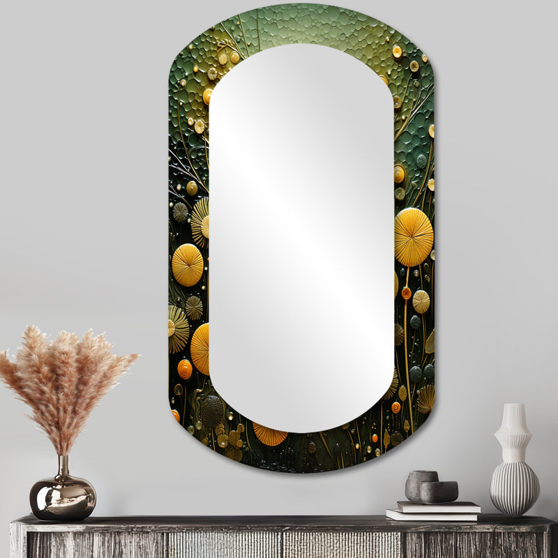 Dyar vert et jaune plantes botaniques abstraites 2 - miroir mural asymétrique Tachisme, miroir décoratif cylindrique vert, impression sur métal