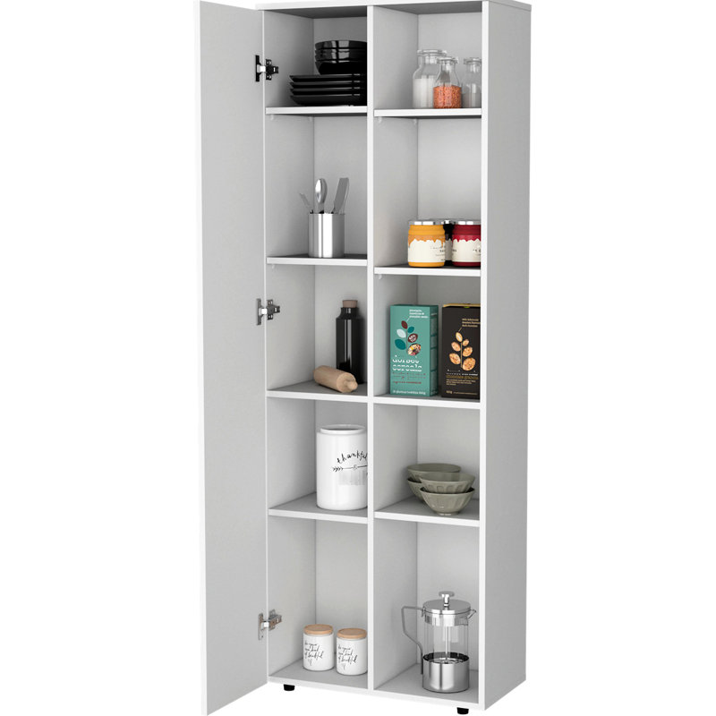 White Wood Kitchen Pantry With Ten Practical Shelves 1-Door And Functional, White