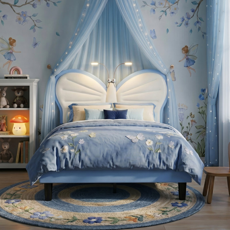 EU & UK Single Children's Butterfly Upholstered Bed with Reading Lights, Height-Adjustable Velvet & PU Headboard, Pink/Blue, 90x190/200cm