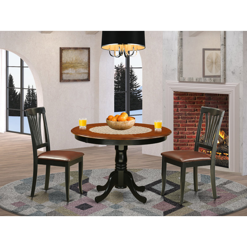 3 Piece Dinette Set for Small Spaces Contains a Round Dining Table with Pedestal and 2 Faux Leather Dining Room Chairs, Black & Cherry