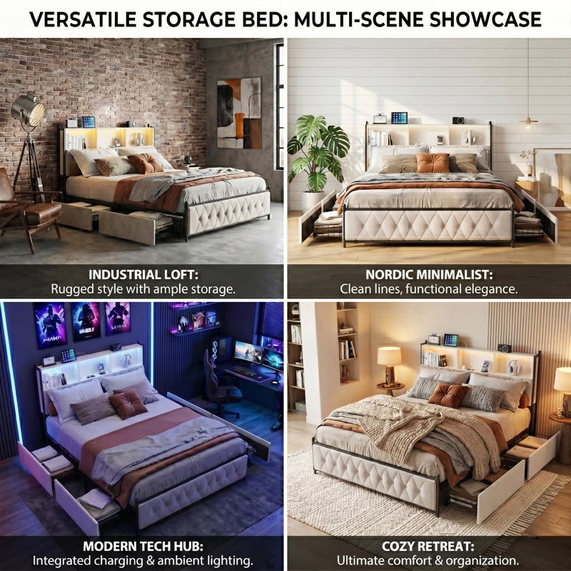 Smart Bookcase Velvet Storage Beds Upholstered Bed, European Double (140 x 200 cm)
