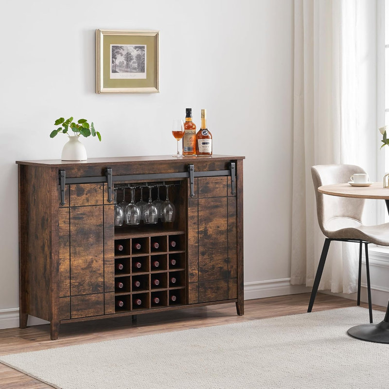 Farmhouse Wine Bar Cabinet,47" Coffee Bar Cabinet With Sliding Barn Door, Buffet Sideboard Cabinet With 16 Bottle Wine Rack For Dining, Living Room