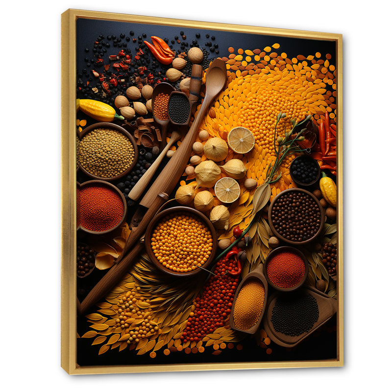Oriental Spices Food V - Épices, art mural, H 32 po x l 16 po x P 1 po, Cadre flottant doré
