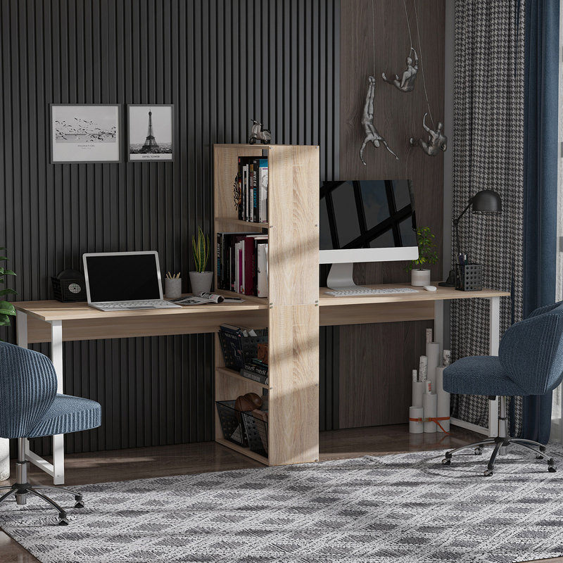 Bureau d'ordinateur avec tablettes de rangement et table de travail double