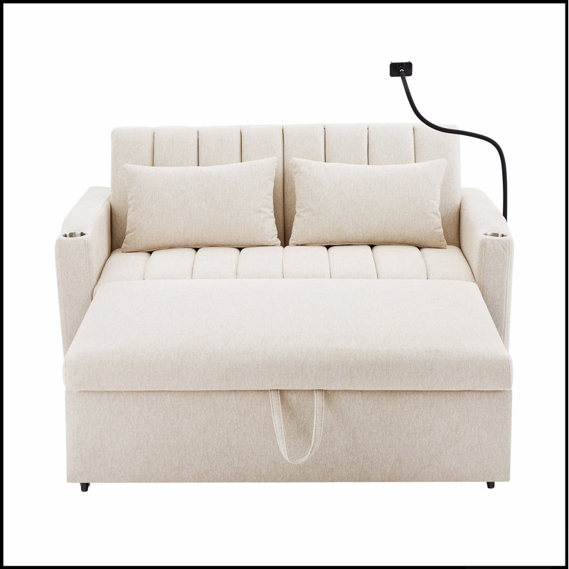 Canapé-lit convertible 55,9 po avec trois ports USB, deux poches latérales, Beige