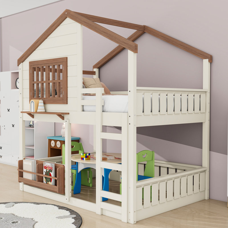 Lit superposé en bois avec bibliothèque intégrée, garde-corps et échelle, Lit superposé double sur double, Beige / Naturel