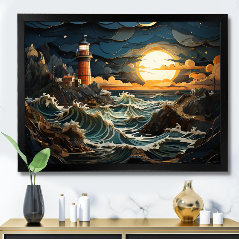 Bord de mer majestueux phare II, reproduction d'art sur toile, Encadrement doré, H 24 po x l 32 po x P 1 po