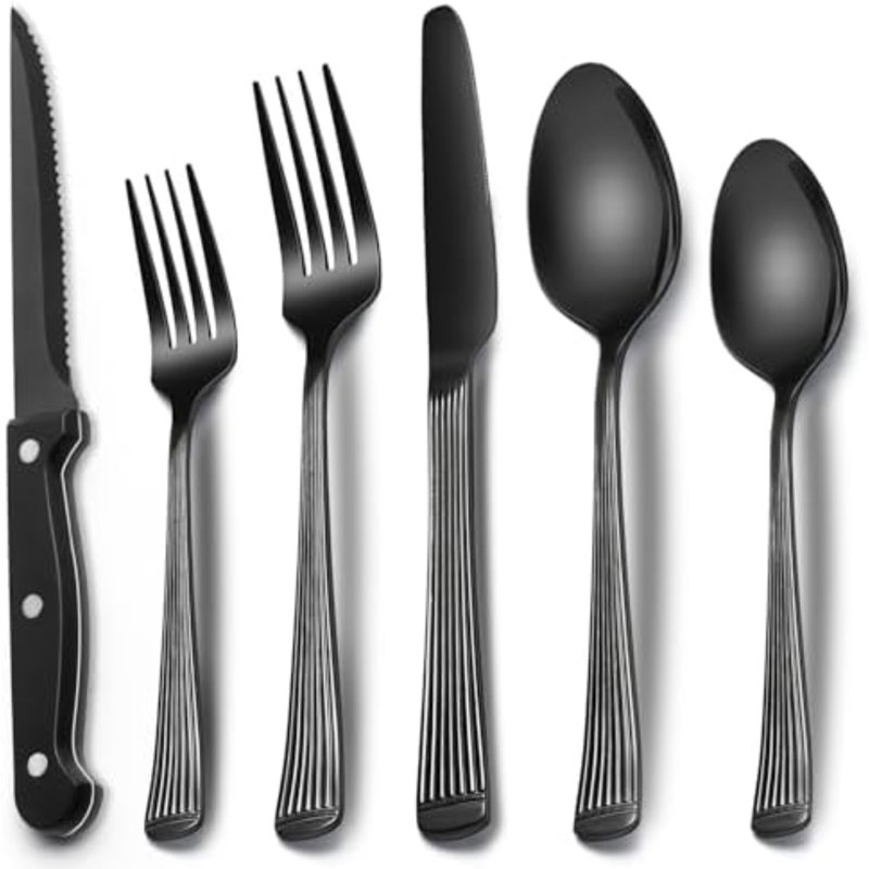 Ensemble 24 pièces de couverts 24 pièces avec couteaux à steak, ensemble de couverts noir pour 4 personnes, ensemble de couverts en acier inoxydable de qualité alimentaire, ensemble d'ustensiles à finition miroir pour restaurant maison, colonne romaine
