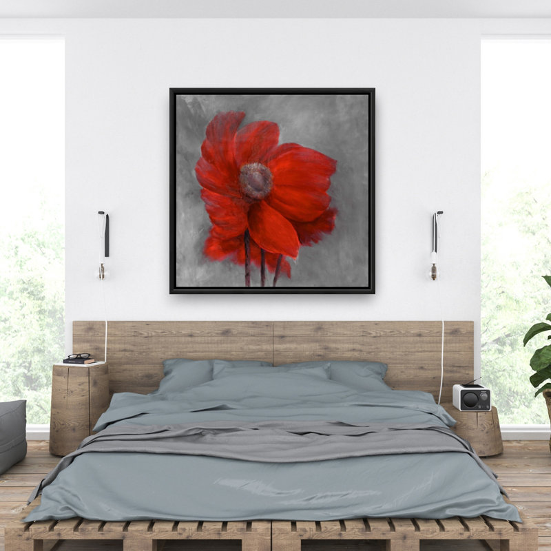 Red flower in the wind - Gray Office Framed Canvas Decor