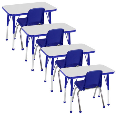 18" x 30" Rectangle T-Molding Activity Table with Standard Legs and 14" Stack Chair with Ball Glides, 4-Pack - Gray/Blue