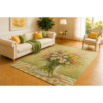 Tapis marguerite «Ultra Léger» 5 pi x 7 pi, fleurs sauvages blanches, roses et jaunes sur vichy vert sauge, décoration maison de campagne fraîche pour le salon, la chambre à coucher, la véranda ou le vestibule