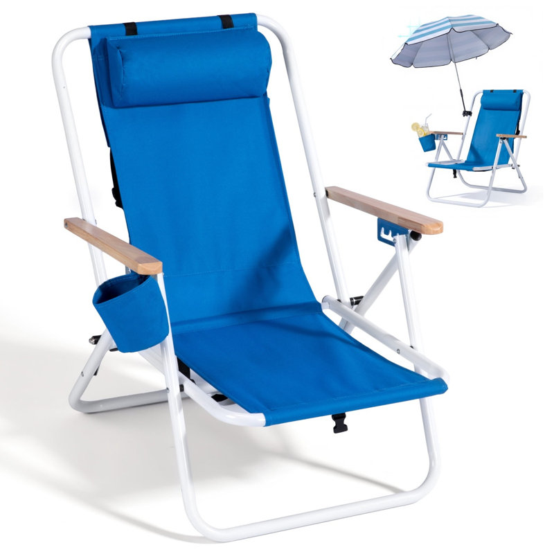 Chaise de plage pliante à haut dossier avec parasol à pince UPF 50-Plus Chaise de camping robuste avec porte-gobelet et sac de transport bleu