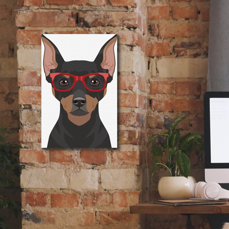 Miniature Pinscher Wearing Hipster Glasses 2' by Furbaby Affiliates Canvas Wall Art