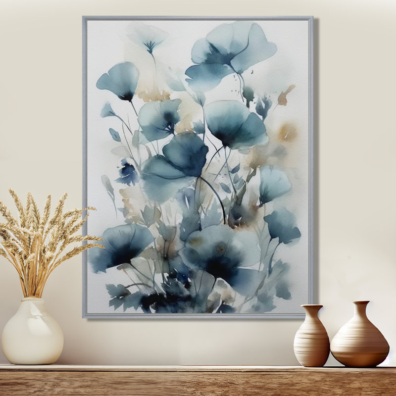 «Blue Leaf Foliage And Flowers I - Leaves», art mural sur toile, H 32 po x l 24 po, Encadrement argenté