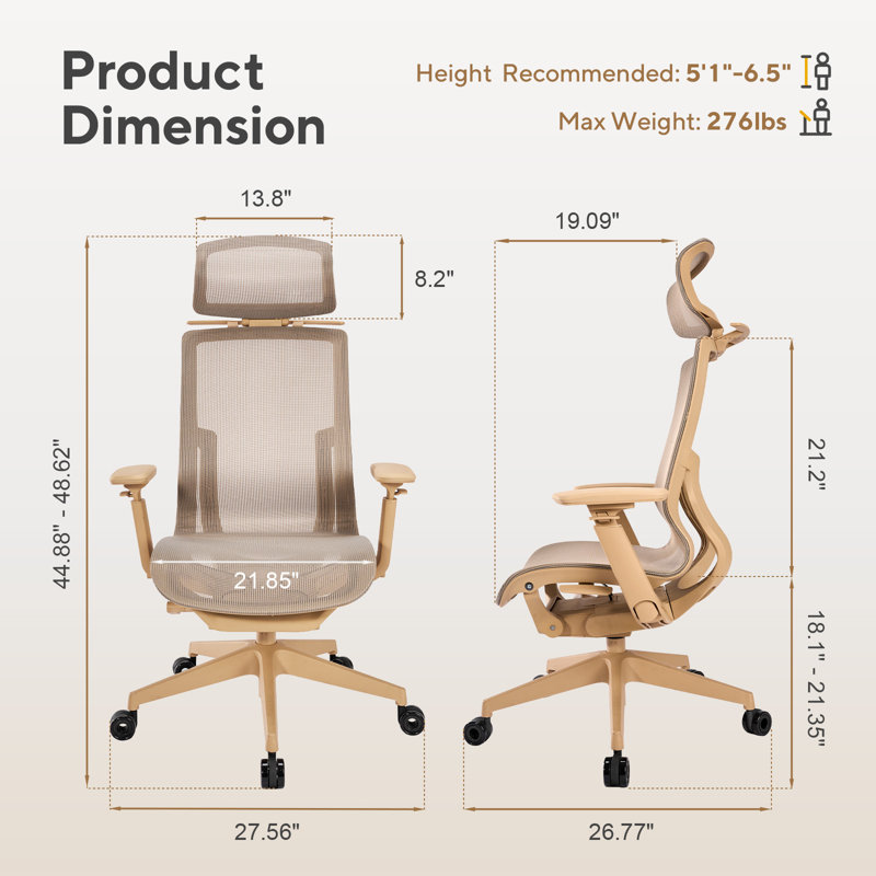 Nouhaus Airex Ergonomic Office Chair, High Back Home Desk Chair with Headrest, 3D Armrests, 3-Level Tilt Backrest and Wide Cushion, Big and Tall Mesh Chairs, Taupe Task Chair