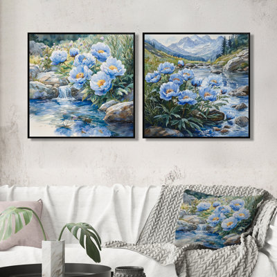 Montagne pivoines au bord de la rivière I - art mural pivoines - ensemble de 2 décorations murales traditionnelles