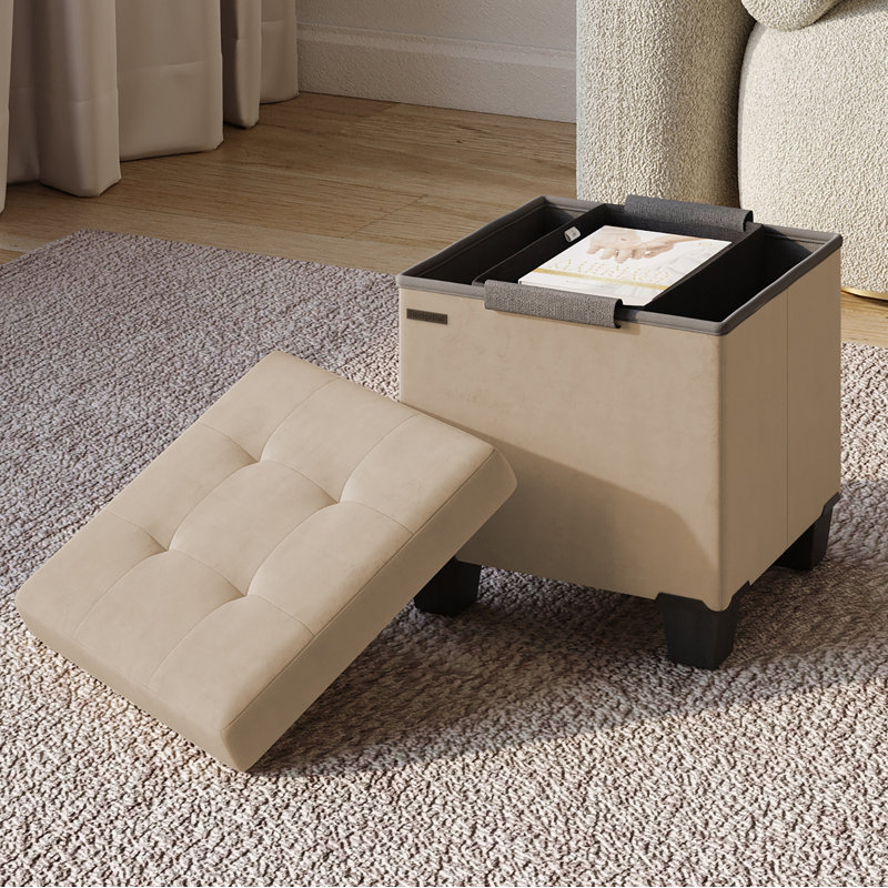Banc repose-pieds en velours avec rangement amovible Nestl, H 15 po x l 15 po x P 15 po, Taupe