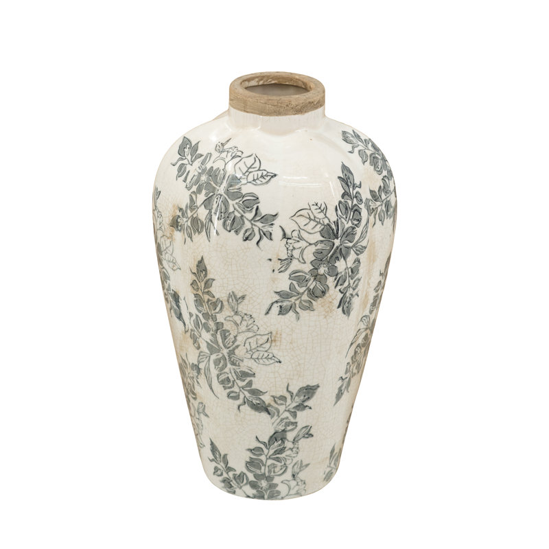 6.7X6.7X11.5" White Ceramic Accent Vase With Gray Floral Design, 11.6" H x 6.7" W x 6.7" D