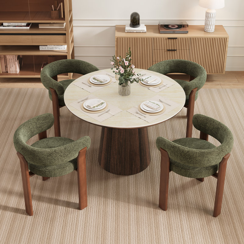 Ensemble de table de salle à manger 4 personnes Adwin avec table ronde de 47,24 po et 4 fauteuils rembourrés Teddy , Vert