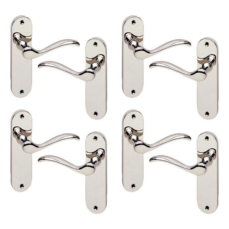 4x Urfic Geneva Metal Lever Latch Door Handles Set Rose Internal & External, Polished Nickel Plain