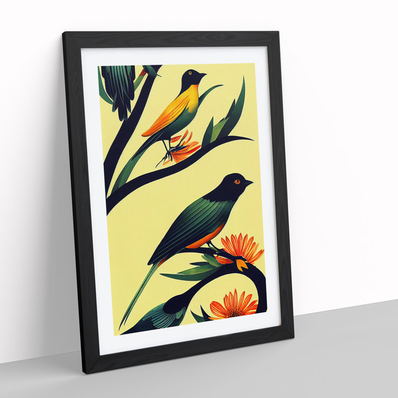 Birds On The Branch - Wall Art, Black Framed, 36cm H x 27cm W x 2cm D, White