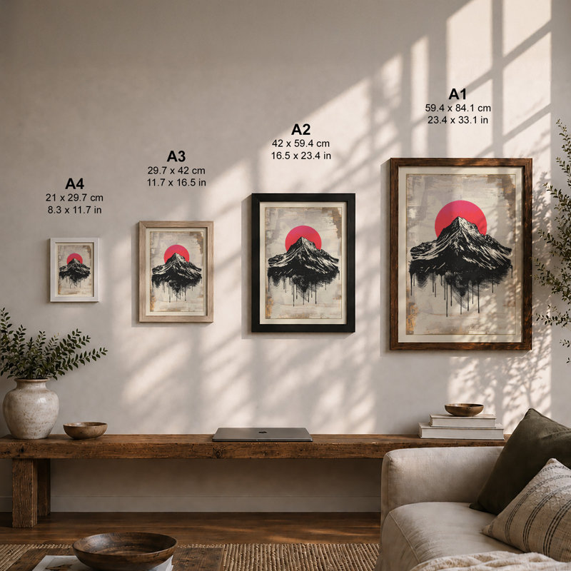 Mountain And Rising Sun Japandi - Print, A2 - 59.4 x 42.0 cm, Oak