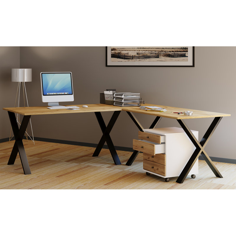 L-Shaped Writing Desk, Brown / Black, 76cm H x 190cm W x 50cm D