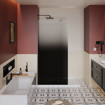 Porte de douche fixe H 34 po x l 72 po fixe, 1/4 po d'épaisseur en verre trempé noir avec tige en acier inoxydable pour douche à l'italienne, noir