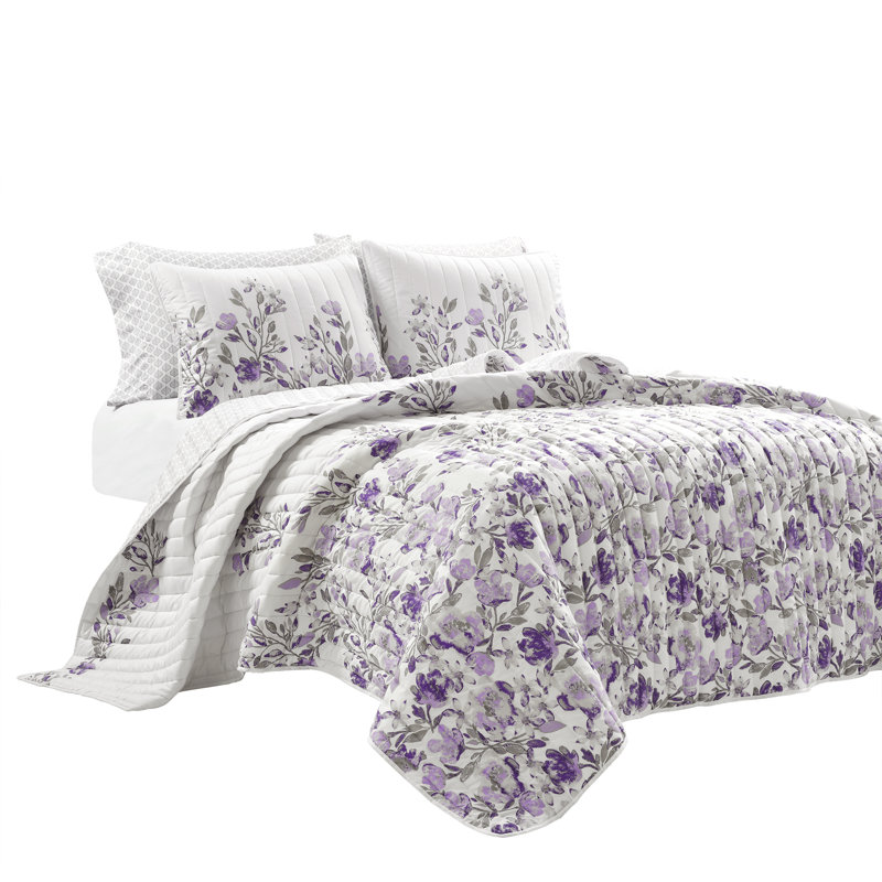 Microfiber Reversible 3 Piece Quilt Set, Queen Quilt + 2 Shams, Gray/Purple
