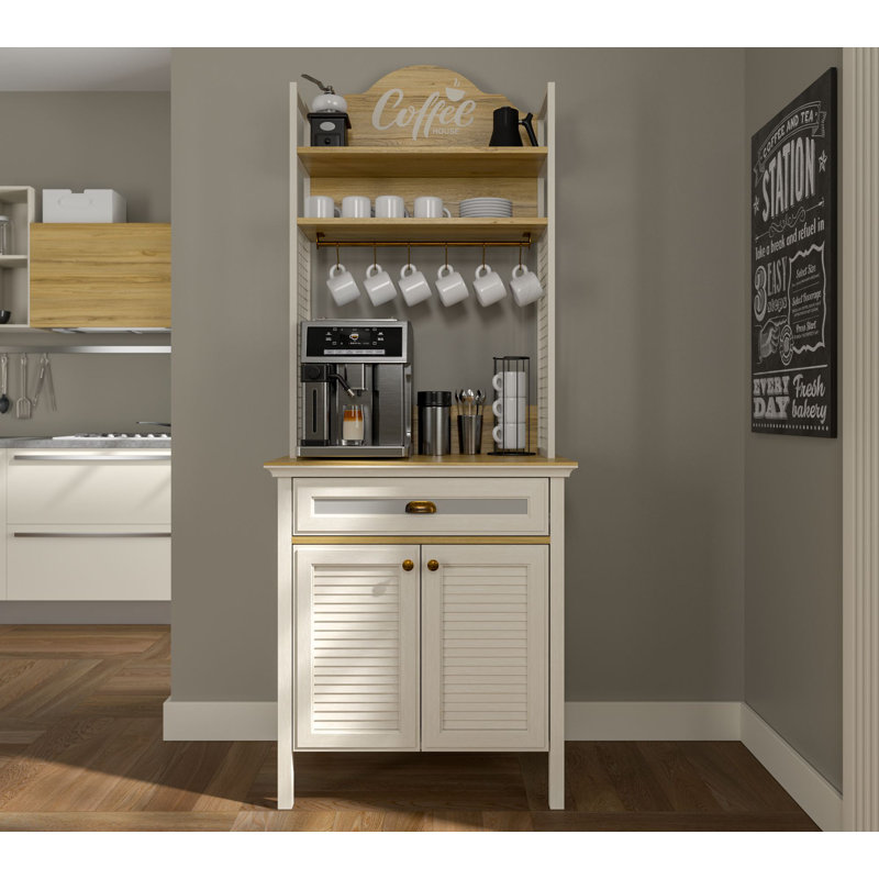 Coffee Bar Cabinet With MDF Doors, Shelves And Cup Hooks – 32" W X 83" H X 21" D – Cream / Oak / White, Cream/Oak/White