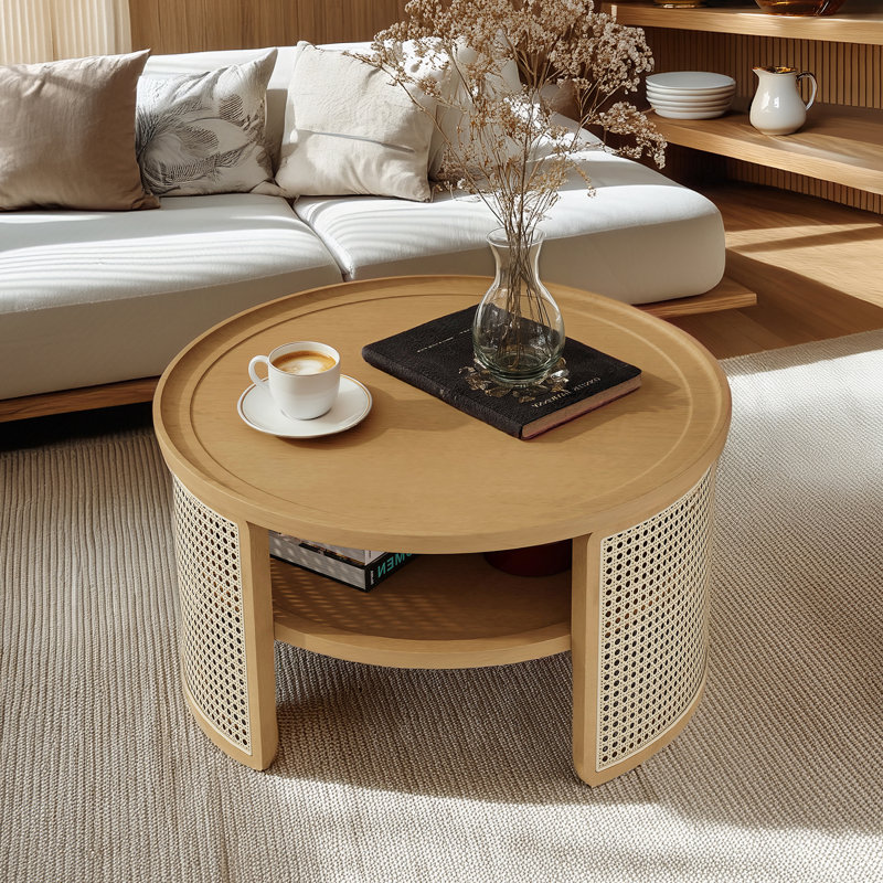 Table basse ronde en rotin avec rangement, Bois naturel