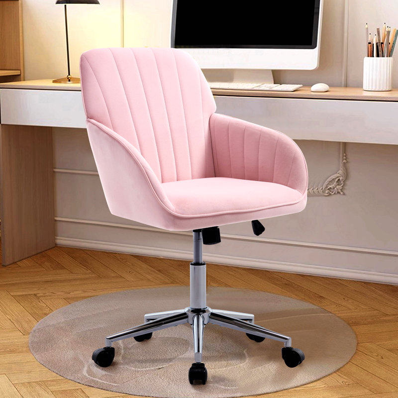Adjustable Office Chair, Home Bedroom, Ergonomic Swivel Chair, Backrest Seat, Comfortable For Long Sitting, Baby Pink, Chrome