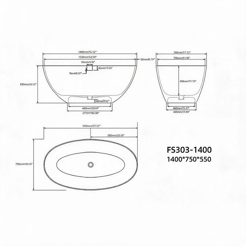 55 inch Matte White Solid Surface Deep Soaking Bathtub with Slip Resistant Contour