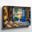 Toile, une scène de chambre à coucher confortable avec une porte bleue ouverte encadrant un coucher de soleil à couper le souffle sur un lac tranquille-924493976