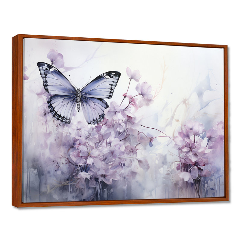 «Mauve papillon enchanté, vol I», art sur toile papillon, 16" H x 32" W, Cadre flottant brun