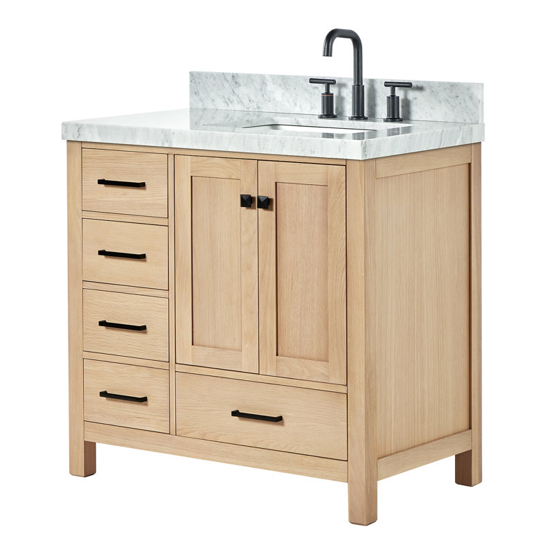 Ariel Cambridge 36 In. Right Offset Vanity With 2 In. Carrara Marble Countertop, Oak