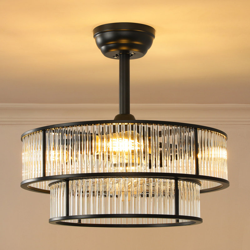 20'' Crystal Caged Mid Century Chandelier Ceiling Fan with Light Kit and Remote Control Included, Matte Black