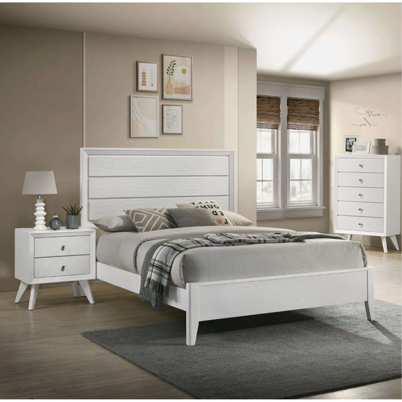 Lit blanc California King Size, 2 tables de chevet, panneau texturé ondulé, ensemble de 3 pièces pour chambre à coucher HB, style contemporain