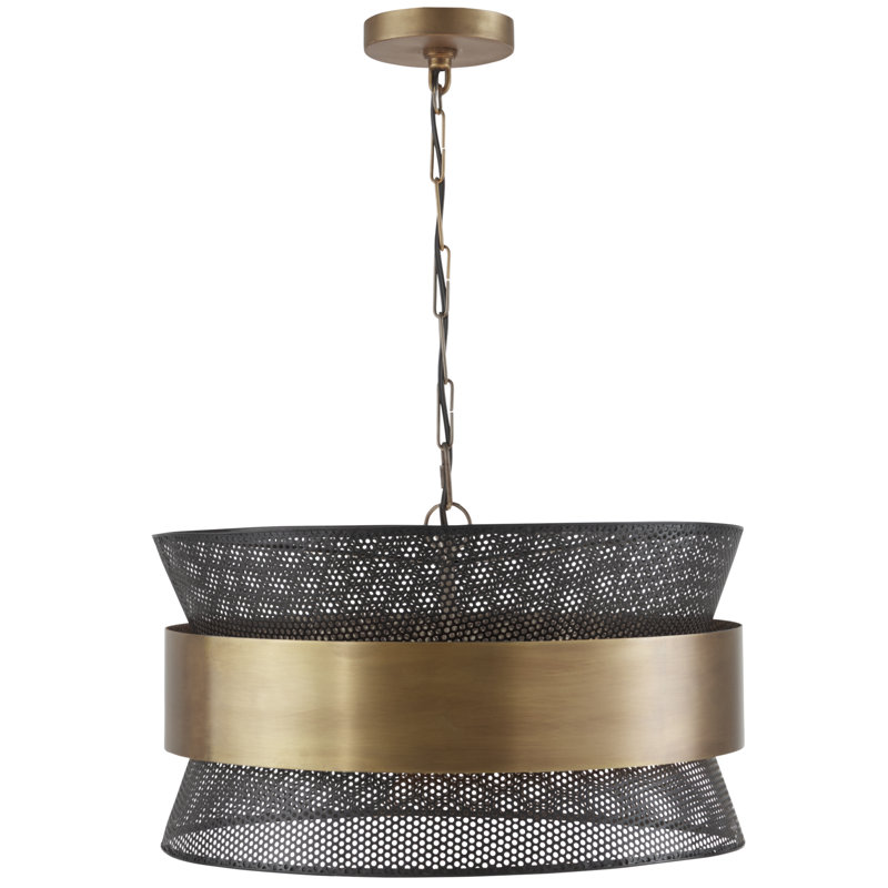 Patinaed Brass and Black 4-Light Drum Pendant with Handcrafted Shade