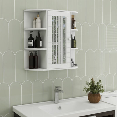 Armoire à pharmacie de salle de bain avec miroir, armoire de salle de bain murale avec porte miroir, 6 tablettes ouvertes, 3 tablettes réglables pour salle de bain
